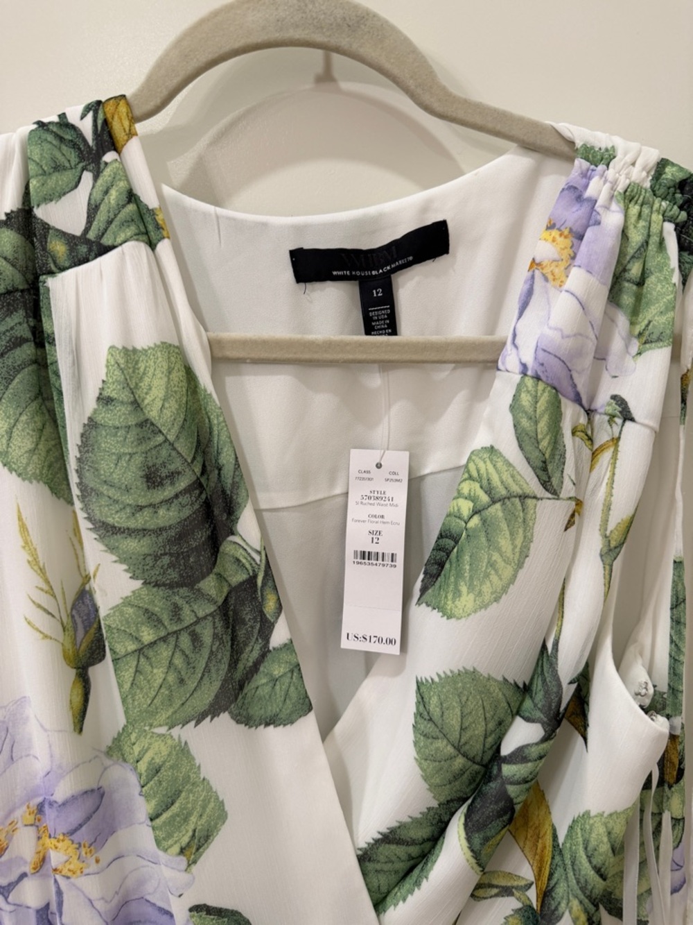 White Floral Wrap Dress with Green Leaf Print